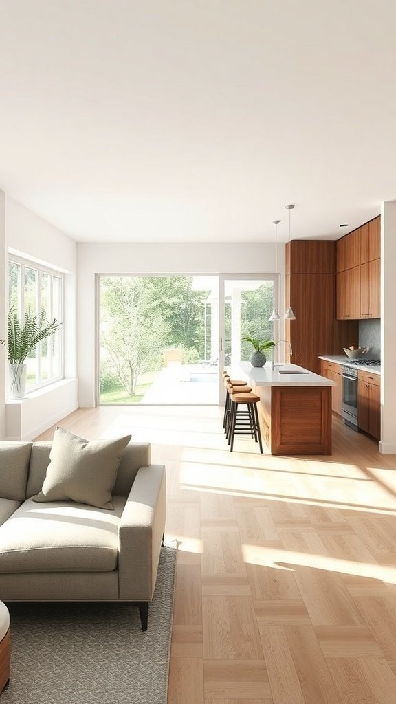 A modern open concept kitchen with large windows, light wood flooring, and a cozy living area.