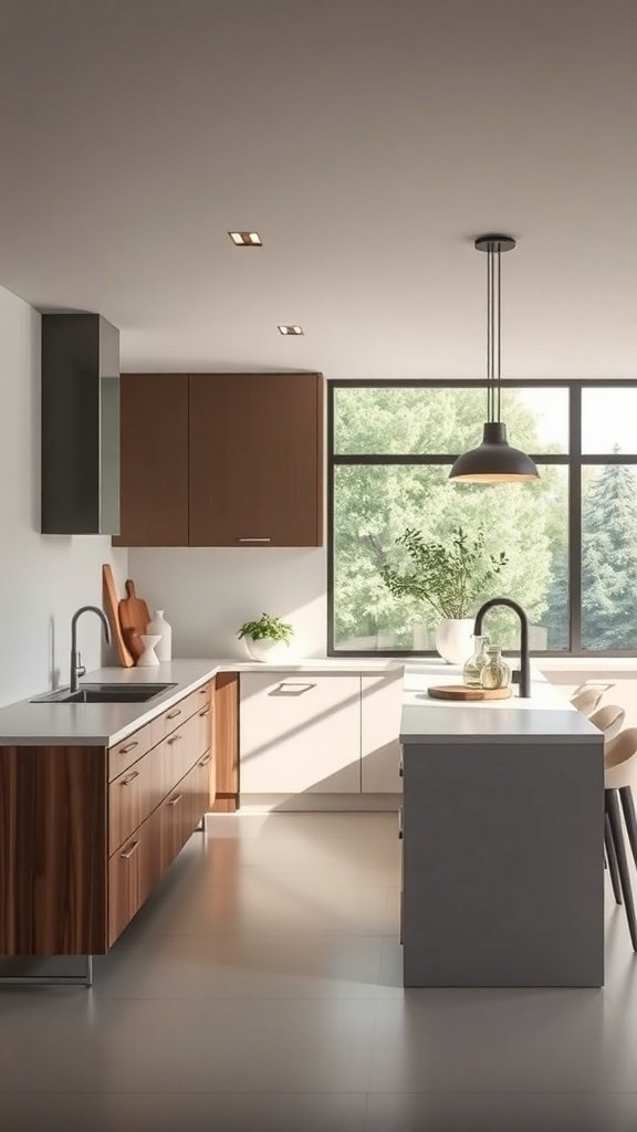 Modern kitchen with dark wood cabinets, white countertops, and large windows