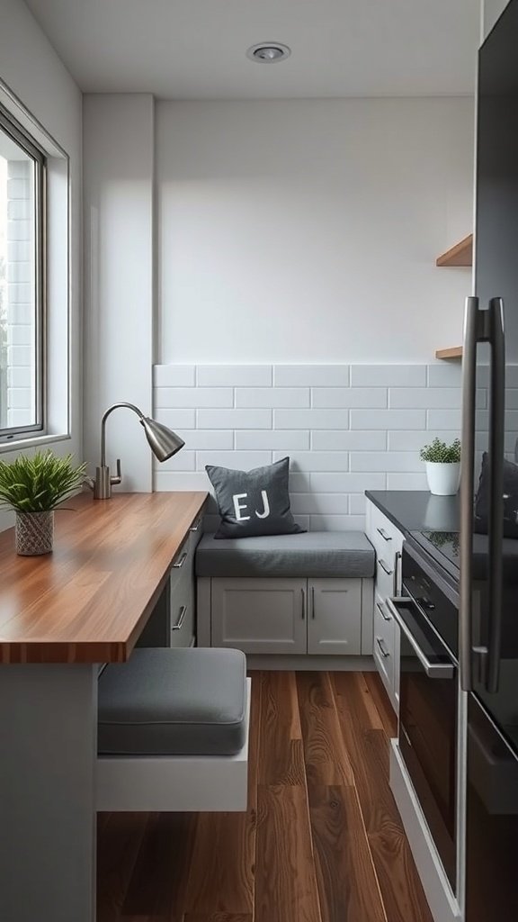 A small kitchen featuring integrated seating with a wooden countertop and a cozy bench.