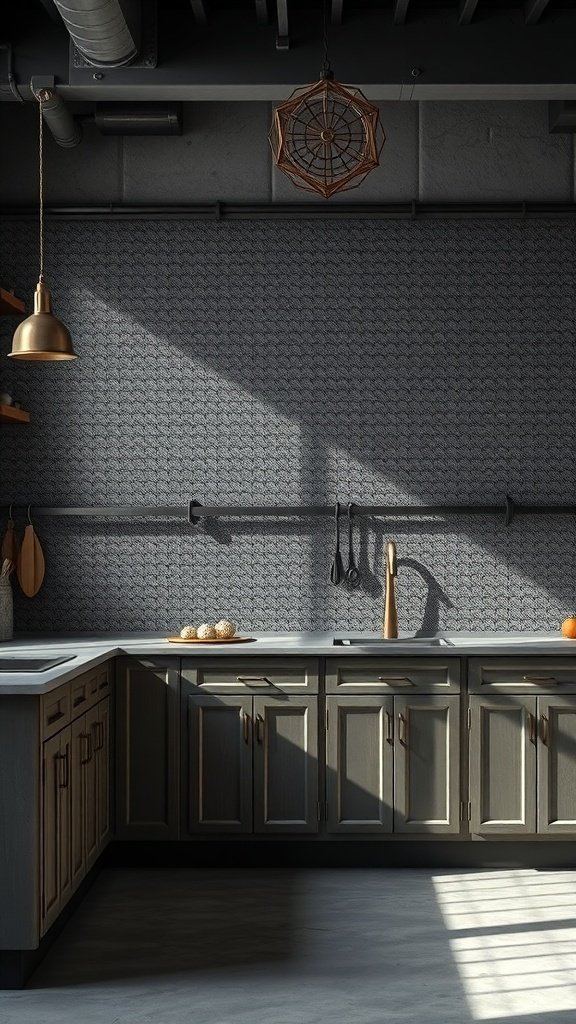 A kitchen featuring a metal mesh backsplash with dark tones, light cabinetry, and warm pendant lighting.