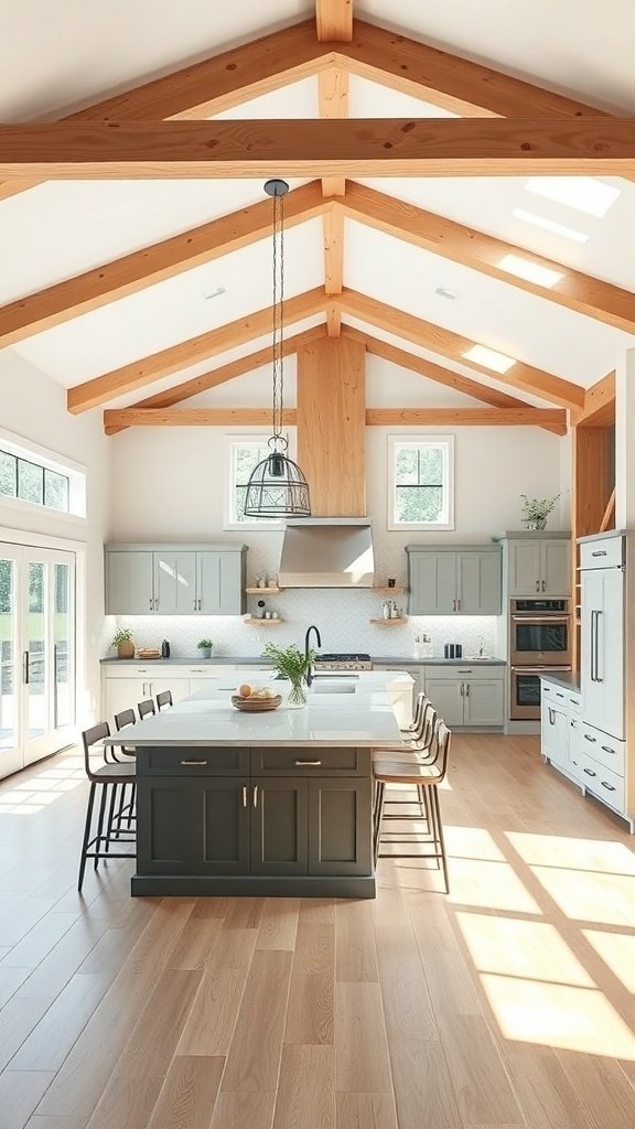 A modern farmhouse kitchen featuring high ceilings with wooden beams, a large island, and a light color palette.