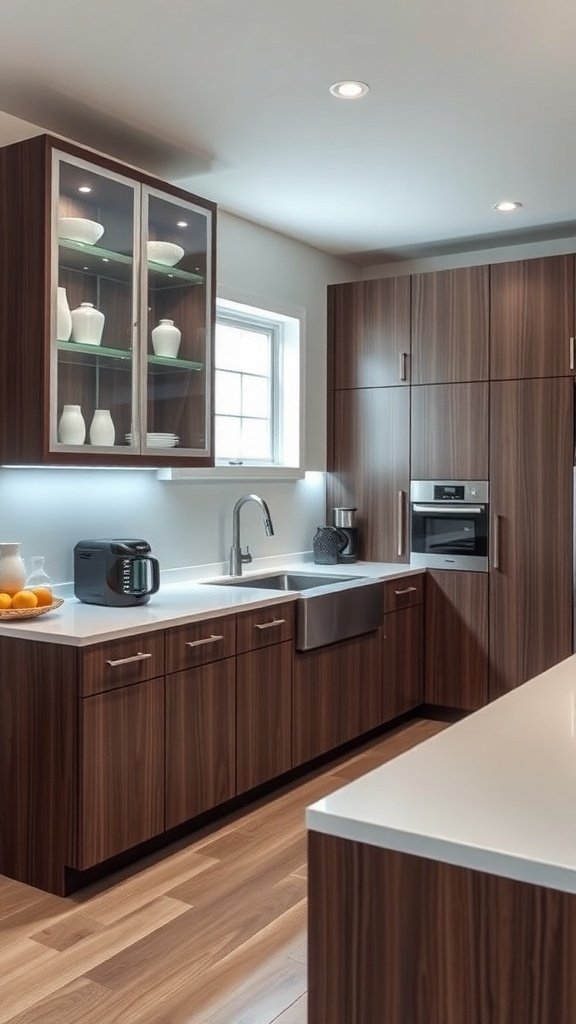 A modern kitchen with sleek cabinets, featuring glass doors and LED lighting.