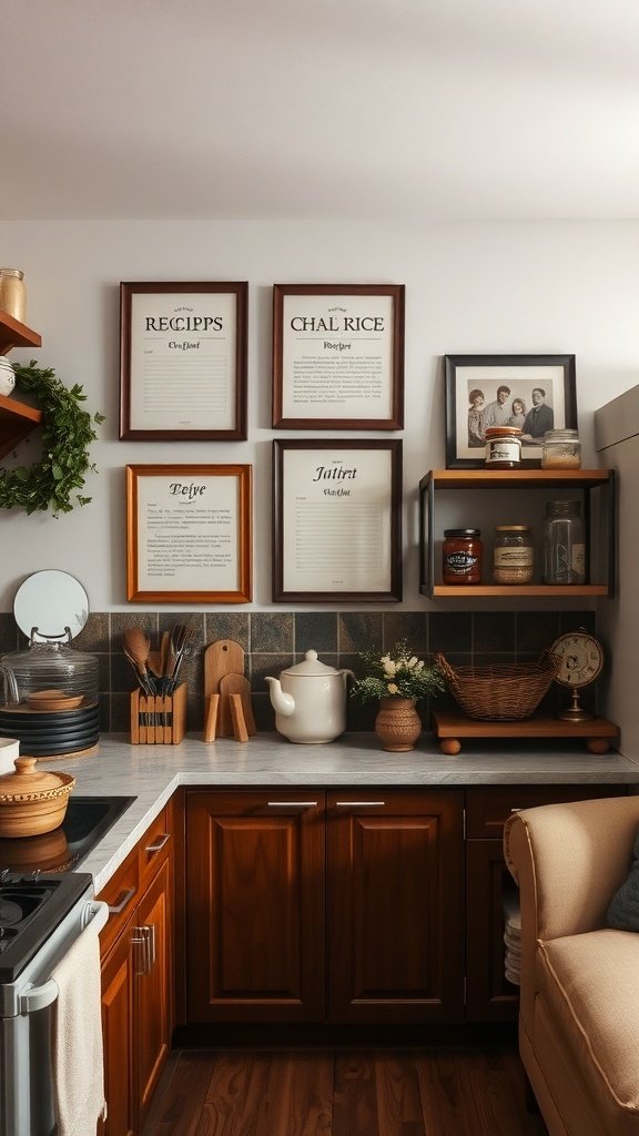 A cozy kitchen with framed family recipes on the wall, showcasing personal touches in decor.