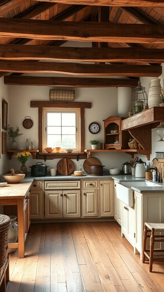 A rustic farmhouse kitchen with wooden beams, warm cabinets, and open shelving.
