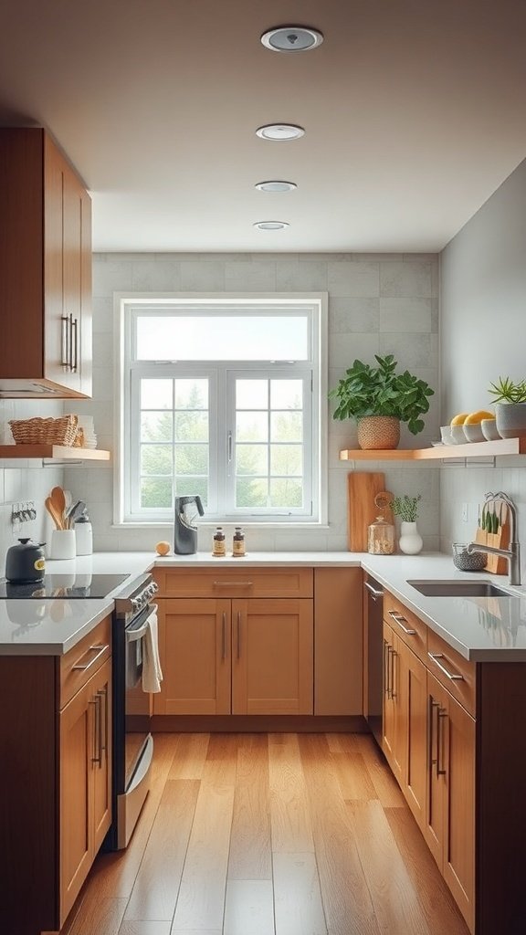 A modern kitchen with wooden cabinets, a window, and organized countertops
