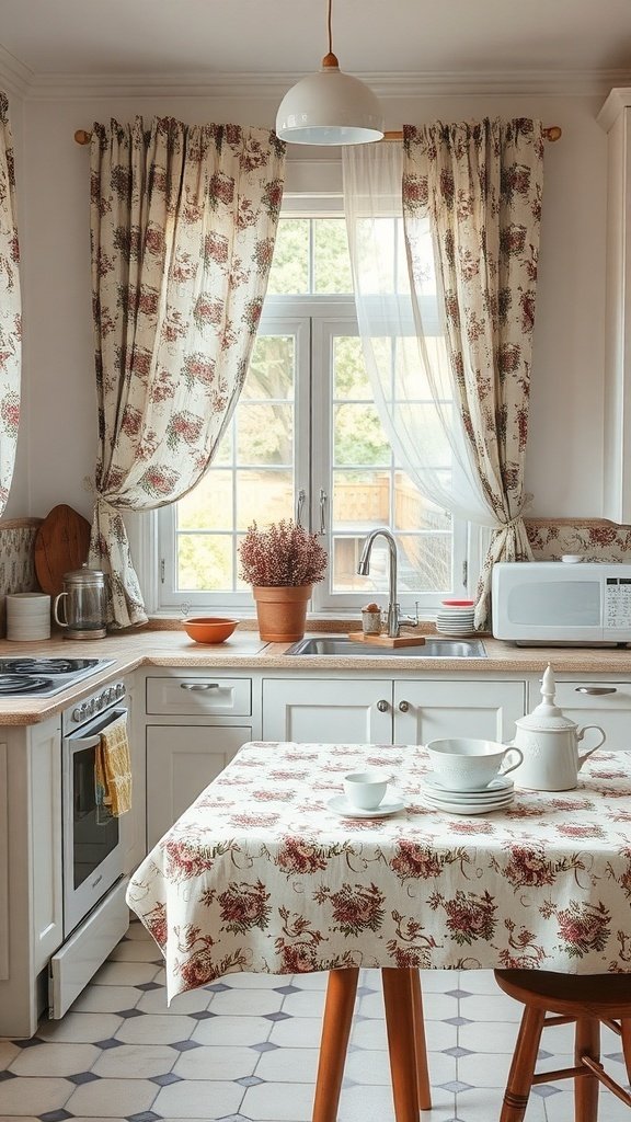 A cozy kitchen with floral curtains and matching tablecloth, showcasing a warm and inviting atmosphere.
