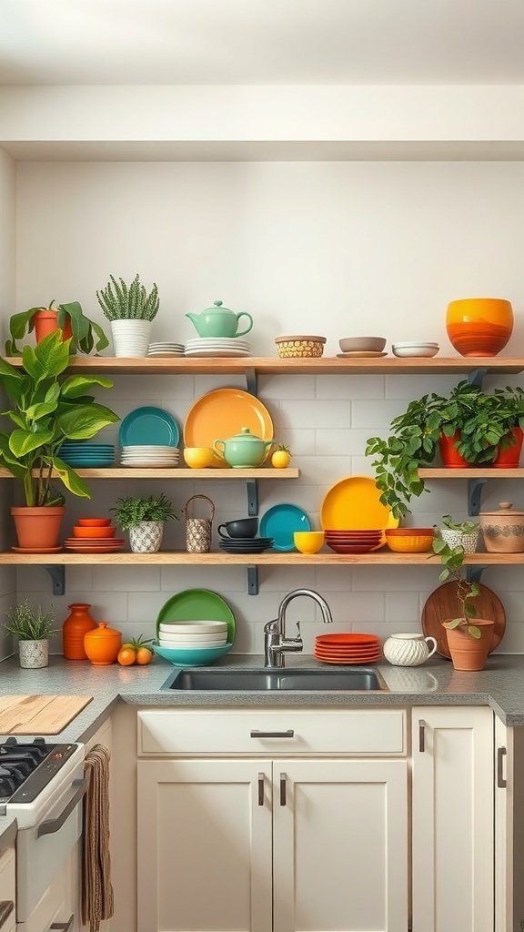 Colorful open shelving in a kitchen displaying plates, bowls, and plants.