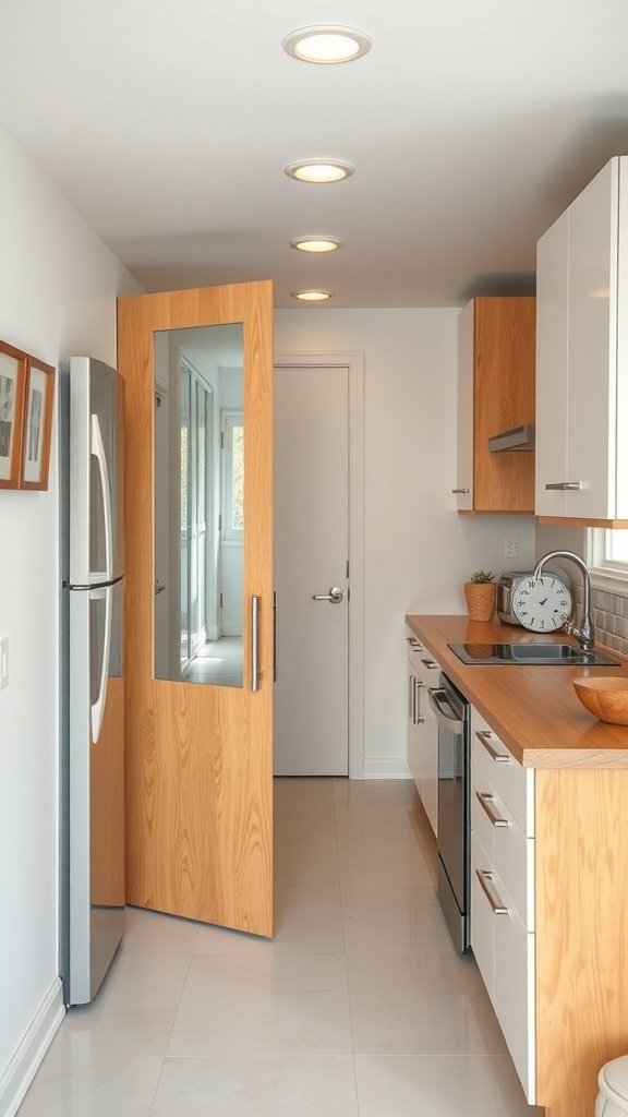 A modern kitchen with a sliding door made of wood and glass, showcasing a sleek design.