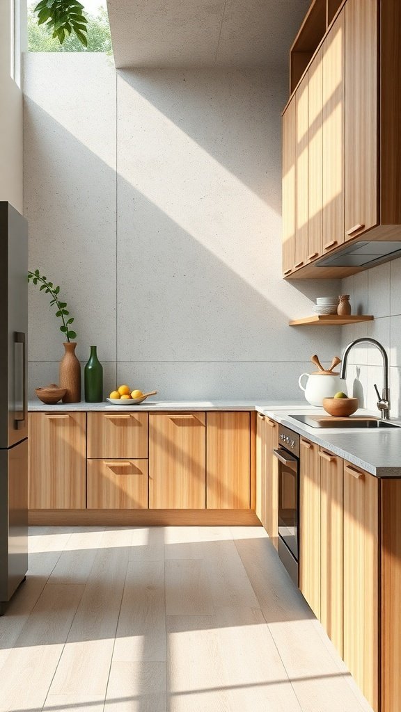 A modern kitchen with wooden cabinets, large windows, and natural light.