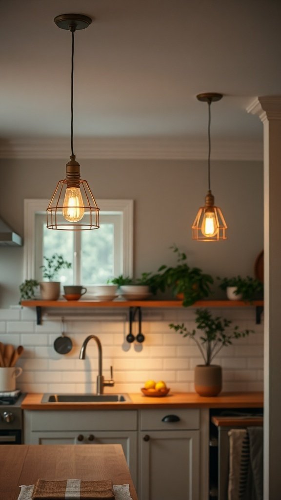 Two pendant lights hanging over a kitchen island with plants and a window in the background.