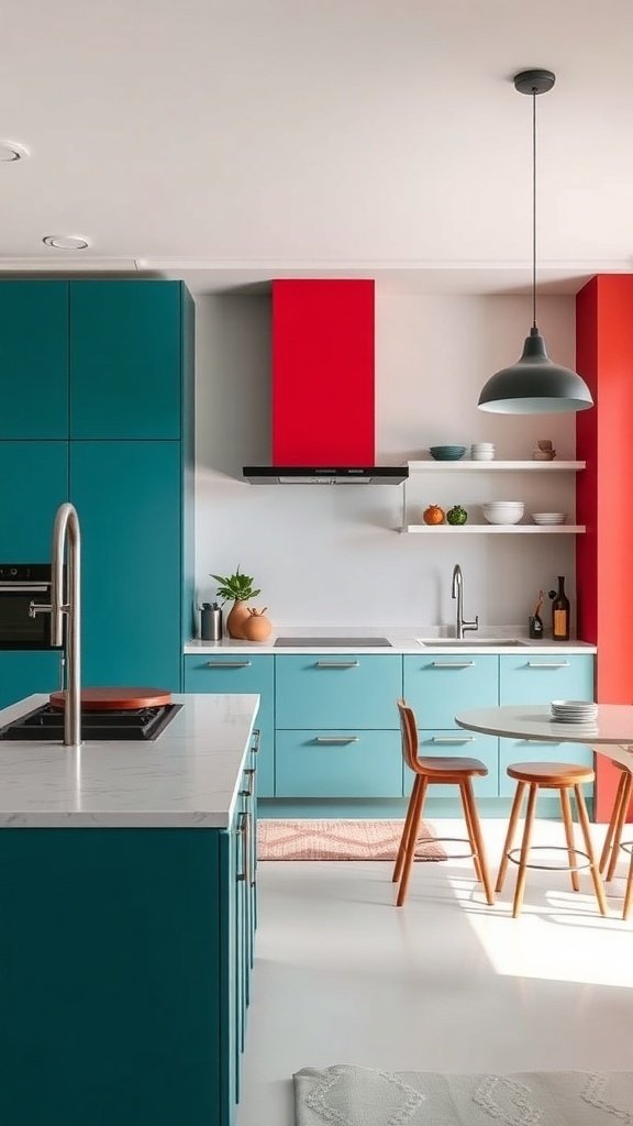 A modern kitchen featuring teal cabinets and red accents, with a minimalist design and wooden dining chairs.