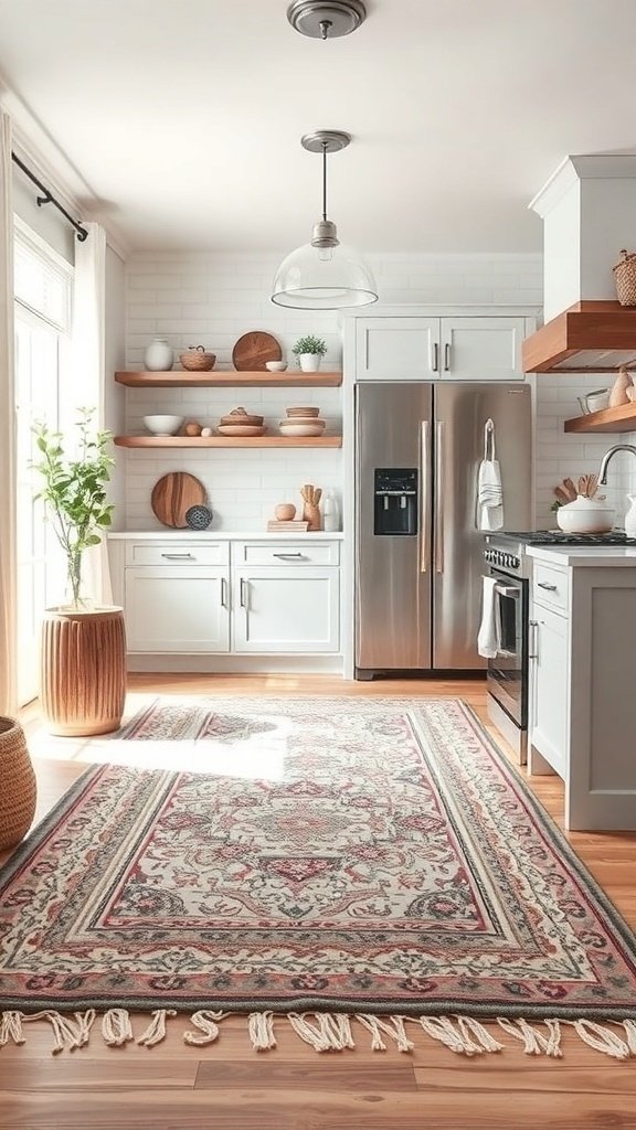A modern farmhouse kitchen featuring a stylish area rug with intricate design, light cabinets, and wooden shelves.
