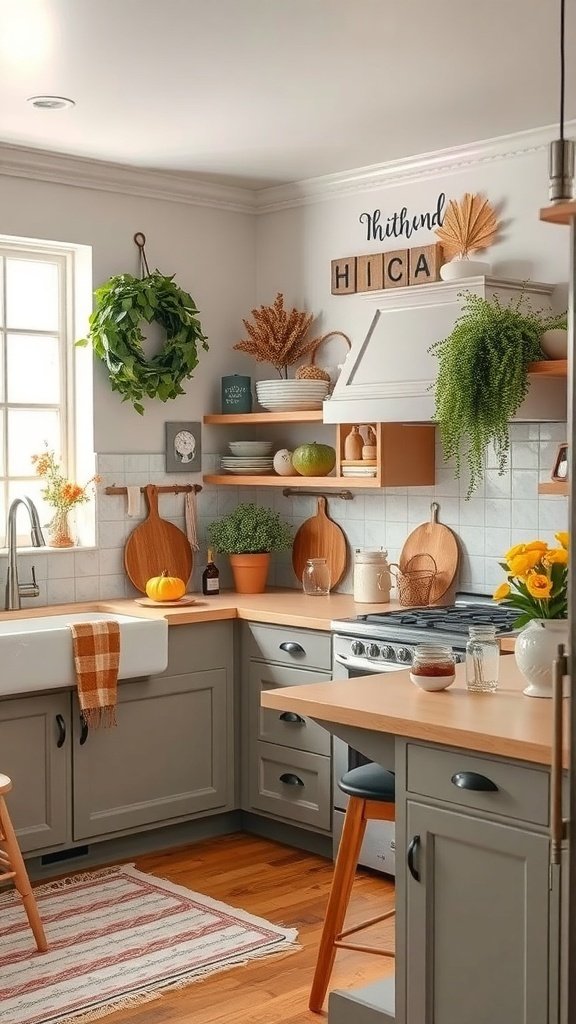 A cozy kitchen with warm tones, plants, and seasonal decor.