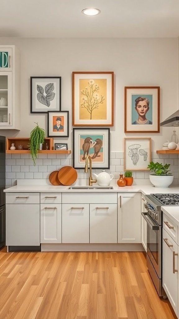 A mid-century modern kitchen featuring artistic wall decor with framed art pieces and plants.