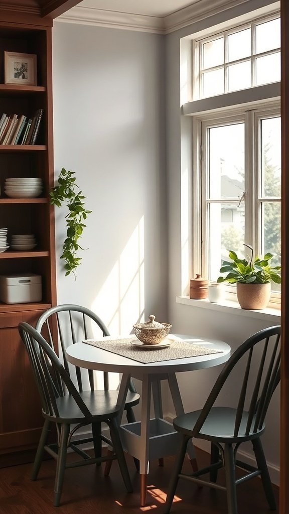 A cozy corner kitchen with a round table, two chairs, and plants by the window.