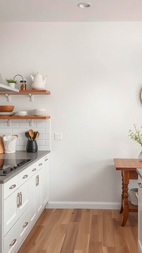 A modern kitchen with white walls, wooden shelves, and a cozy atmosphere.