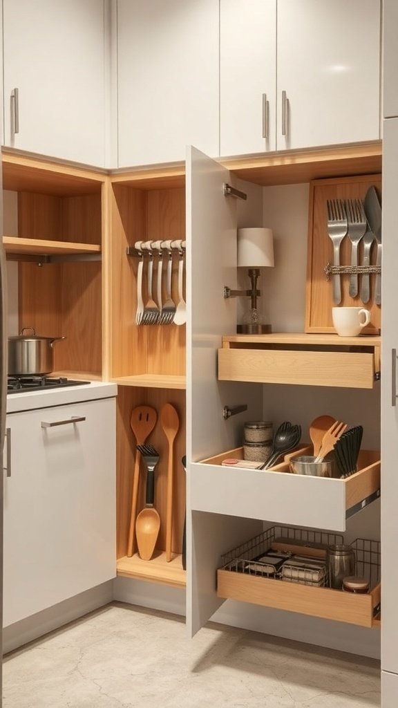 Image of a modern kitchen cabinet with pull-out drawers and open shelves for storage.