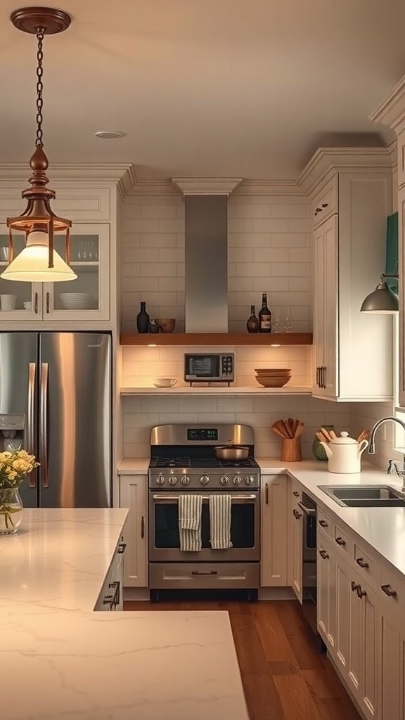 A modern kitchen featuring elegant lighting fixtures, including a pendant light and under-cabinet lighting.
