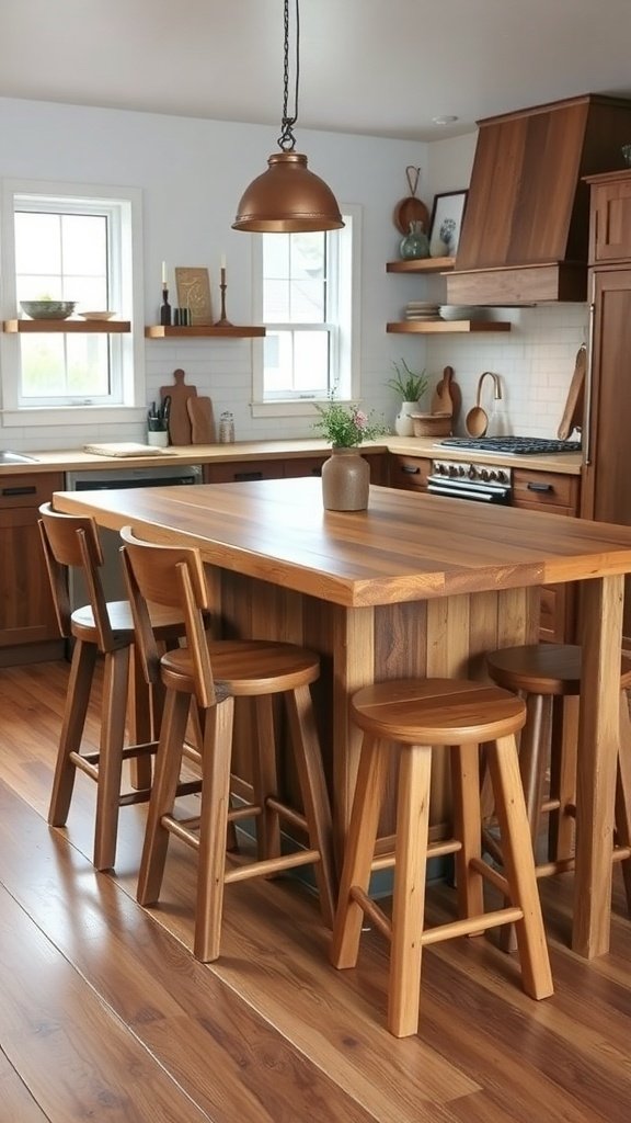 Rustic farmhouse kitchen with wooden bar stools