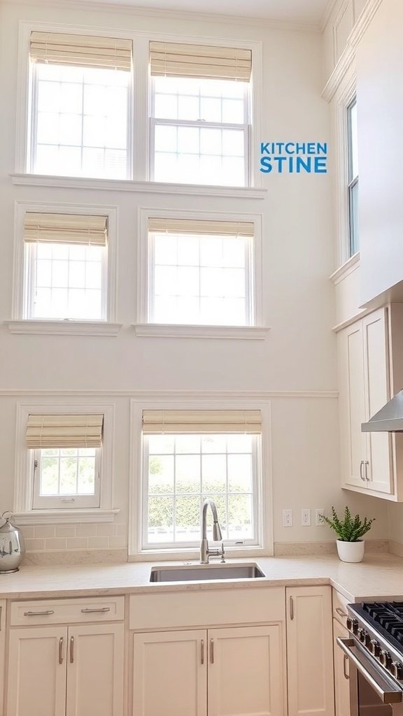 A beige kitchen with multiple windows featuring light beige blinds, a sink, and a potted plant on the countertop.
