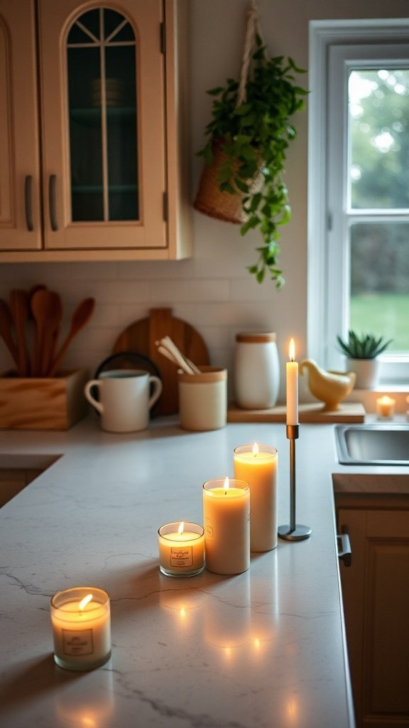 A cozy cottage kitchen with scented candles on the counter, creating a warm atmosphere.