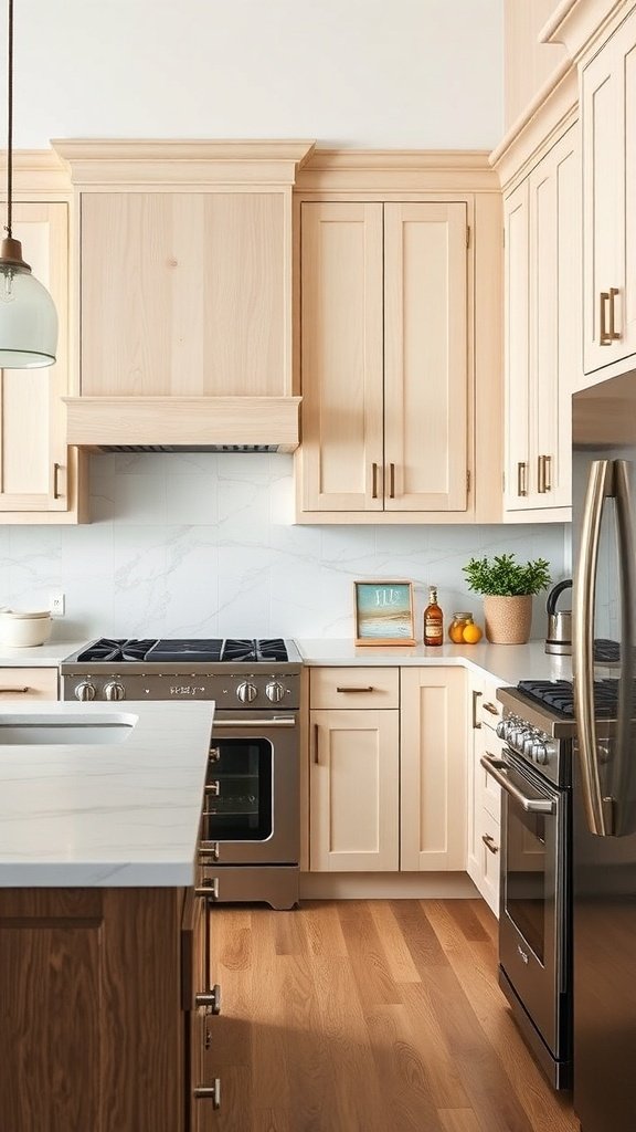 A modern kitchen featuring white oak cabinets, stainless steel appliances, and a marble countertop.