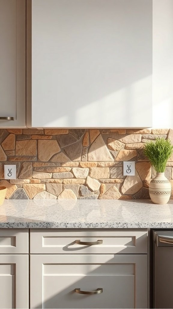 A kitchen featuring a natural stone backsplash with a light-colored countertop and soft cabinetry.