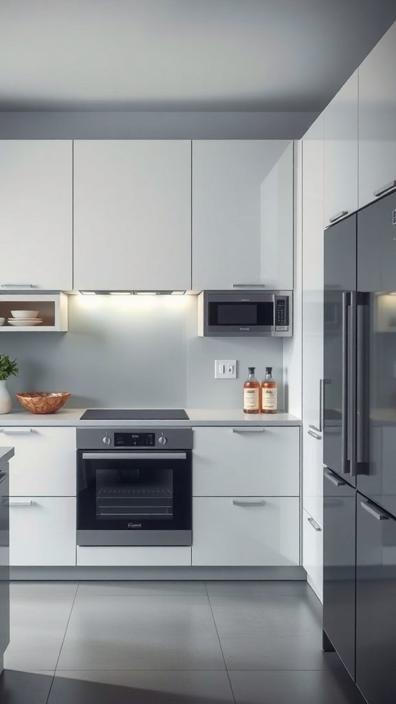 A modern kitchen featuring integrated smart appliances, including an oven, microwave, and refrigerator.