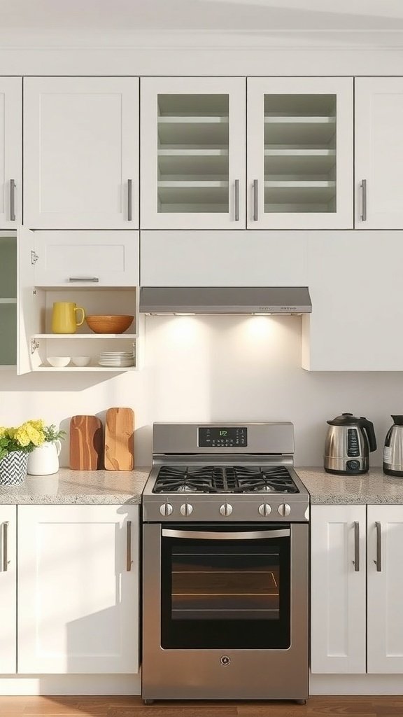 Modern kitchen with white cabinets and open shelves, showcasing proper ventilation.