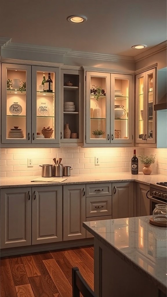 A beautifully lit kitchen with glass-front cabinets showcasing decorative items and warm lighting.