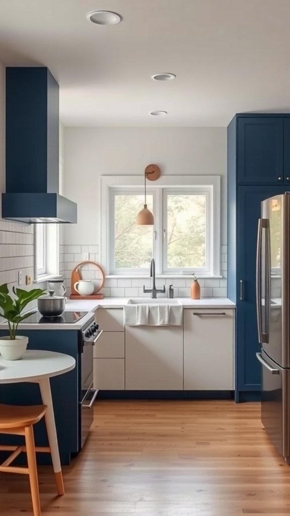 A modern kitchen featuring blue cabinetry and light neutral tones, showcasing color blocking techniques.