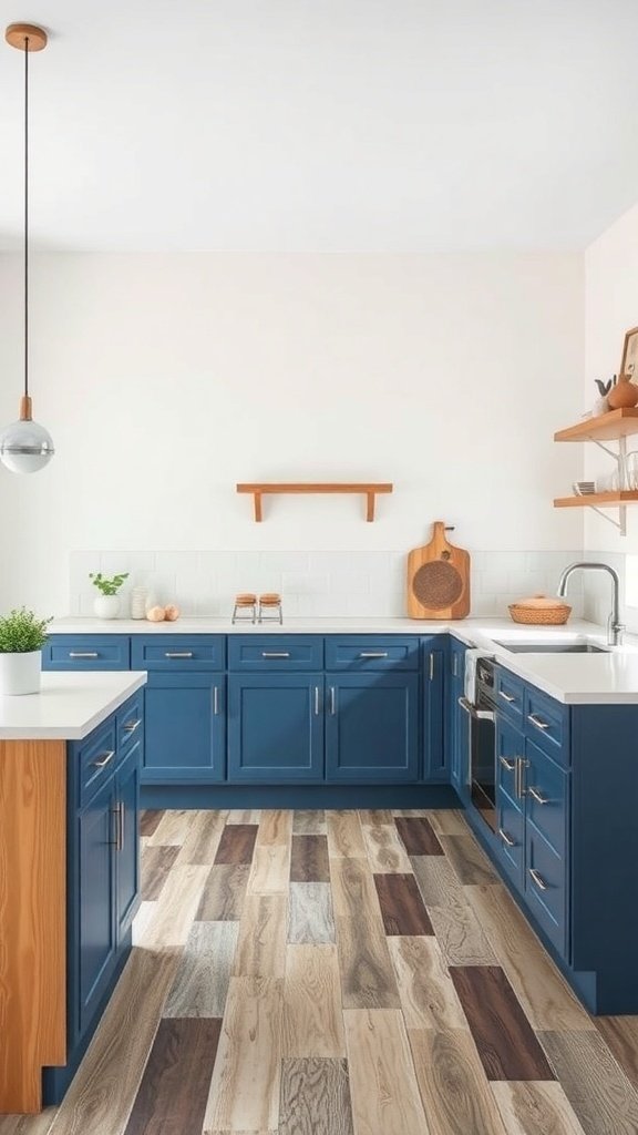 A kitchen featuring blue cabinets and multi-toned wood flooring.
