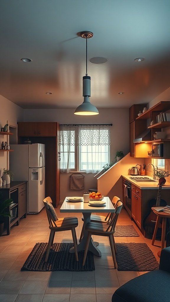 A cozy mid-century modern kitchen with wooden cabinets, a dining table, and soft lighting.