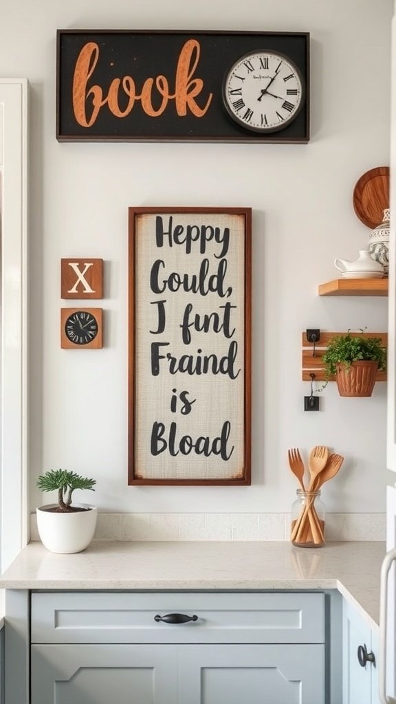 Decorative wall art in a small kitchen featuring framed text, a clock, and a plant.