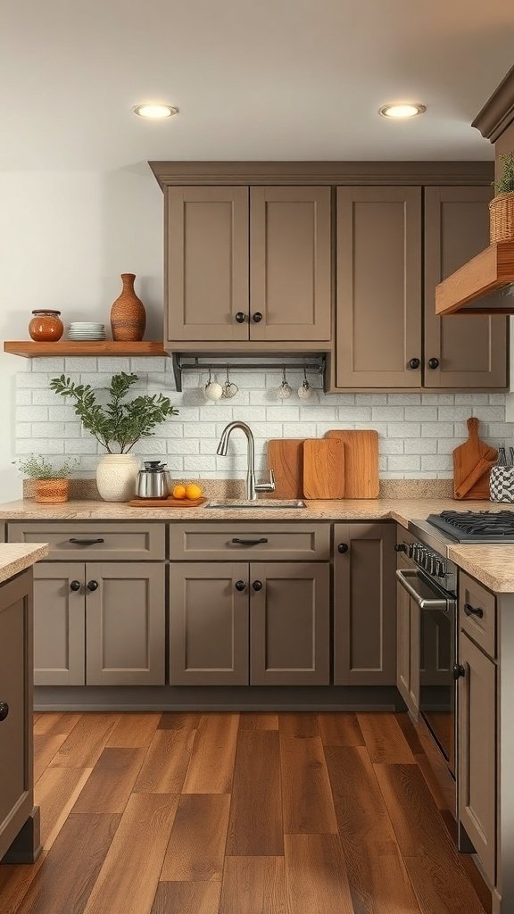 A kitchen featuring earthy taupe cabinets, wooden flooring, and a white backsplash.
