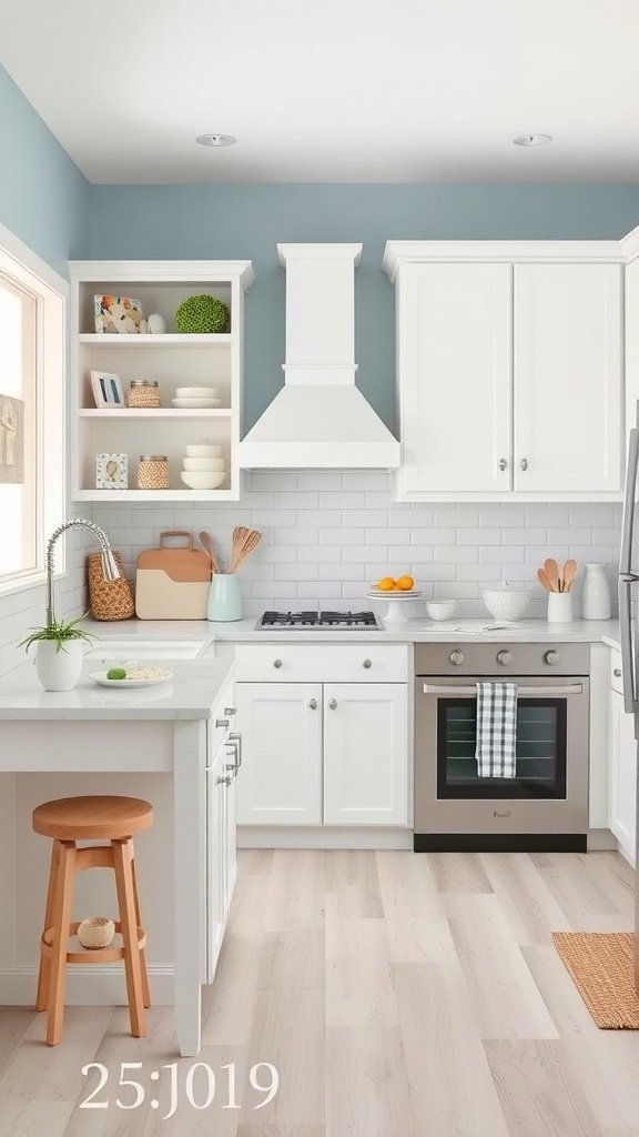 A coastal-inspired kitchen featuring white cabinets, blue walls, and light wood flooring.