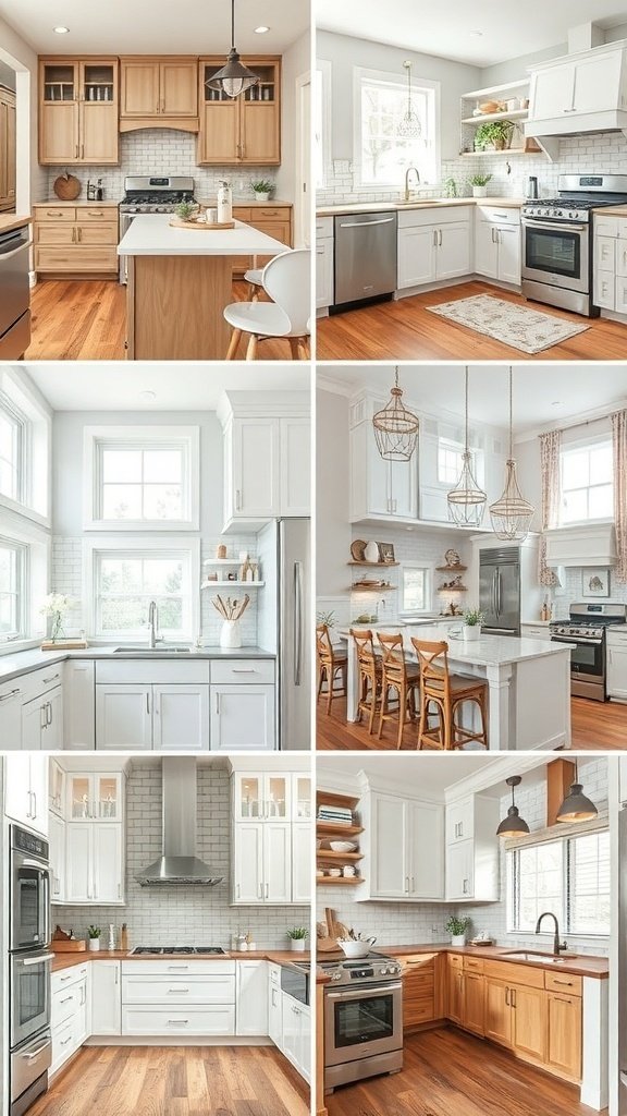 Various styles of white oak kitchen cabinets showcasing modern and traditional designs.