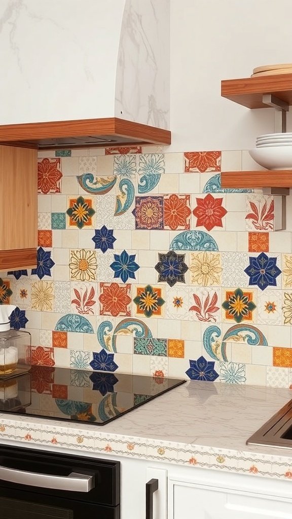 Colorful floral tile backsplash in a modern kitchen