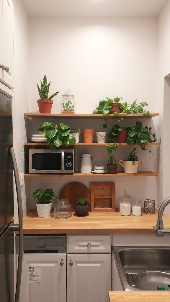 A small kitchen with open shelves above the cabinets displaying plants and kitchen items.