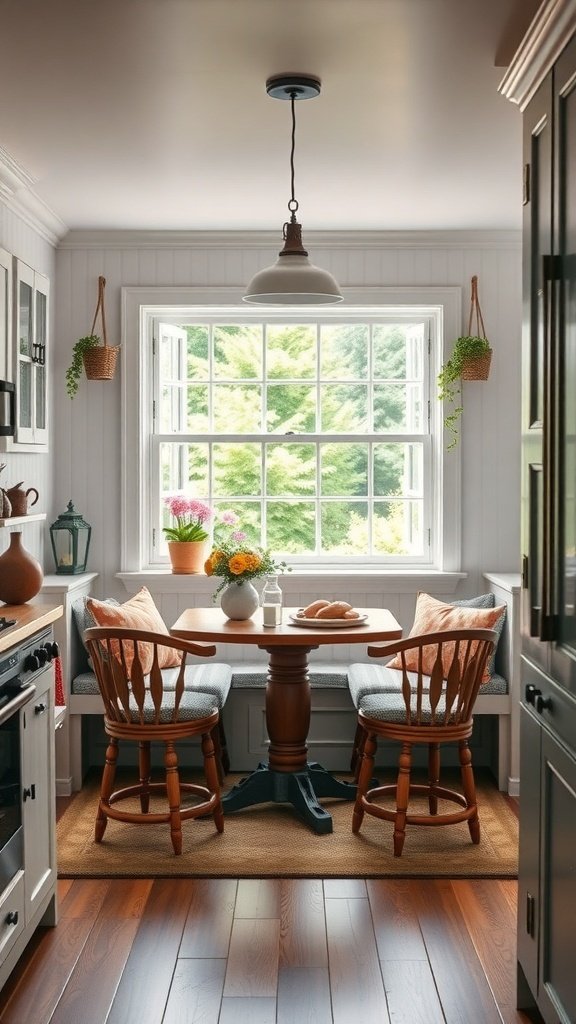 A cozy breakfast nook with a round wooden table, two chairs, and a large window letting in natural light.