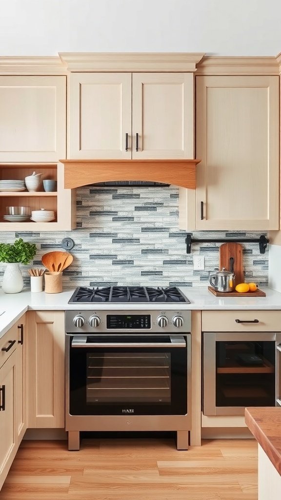 A modern kitchen featuring white oak cabinets and a stylish mosaic backsplash.