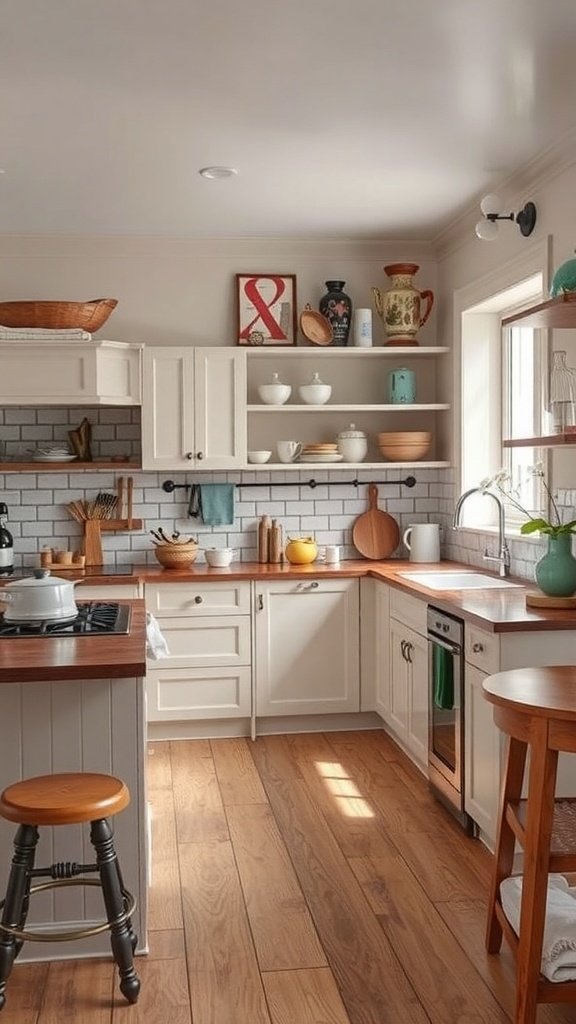 A simple kitchen design featuring vintage elements, including wooden accents, open shelves with dishware, and a cozy atmosphere.