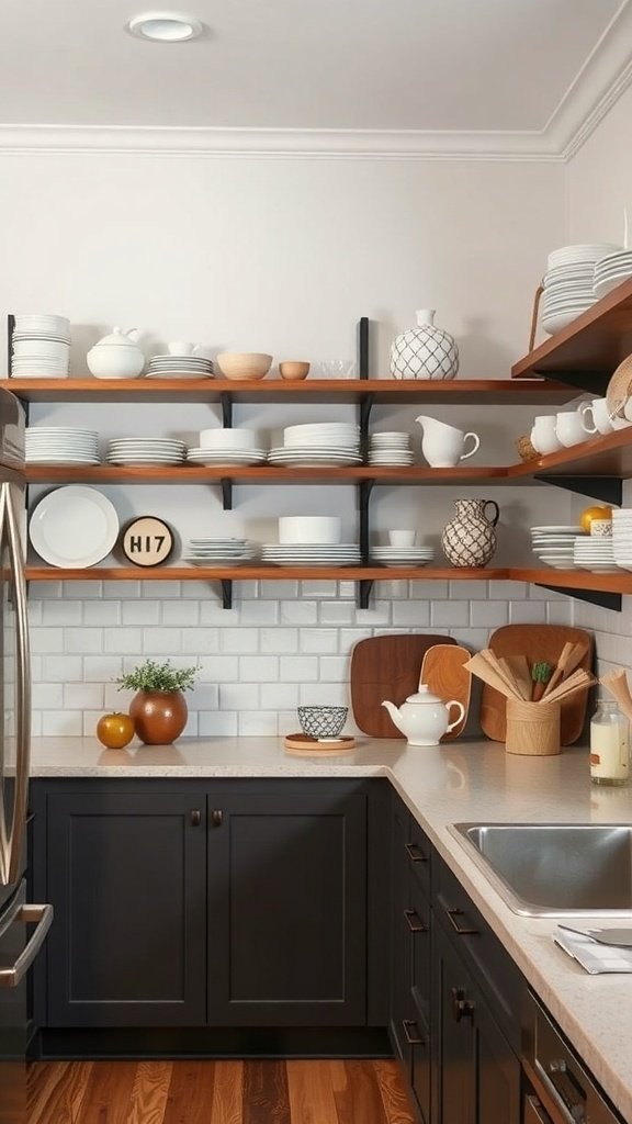 A kitchen with open shelving displaying white plates, wooden bowls, and decorative items against dark cabinets.