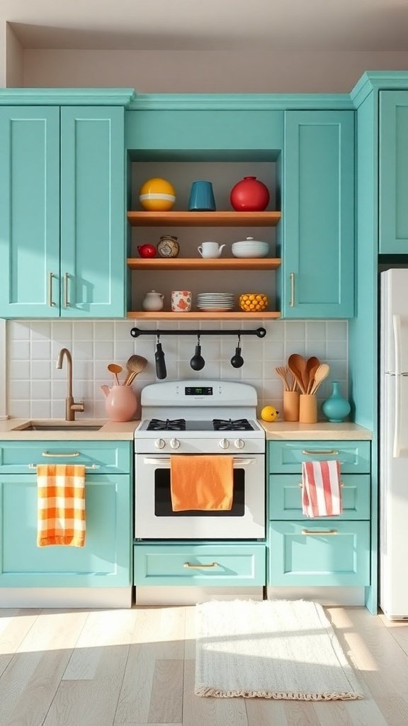A kitchen with vibrant teal cabinets, open shelving displaying colorful dishes, and a bright, cheerful atmosphere.