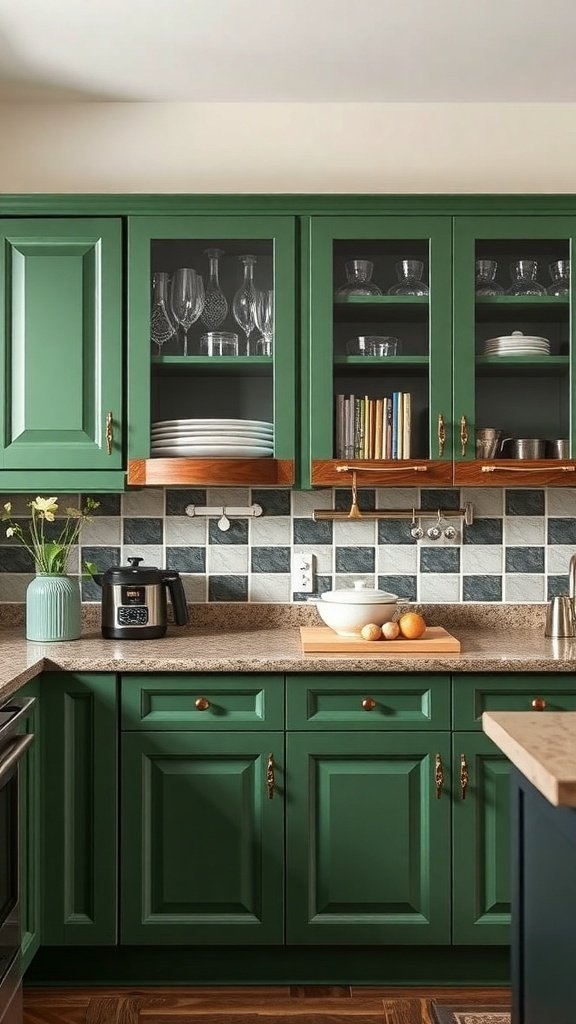 A stylish kitchen featuring green cabinets with glass doors, a light countertop, and a patterned backsplash.