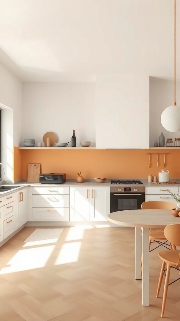 A modern open kitchen featuring white cabinets and a warm orange accent wall.