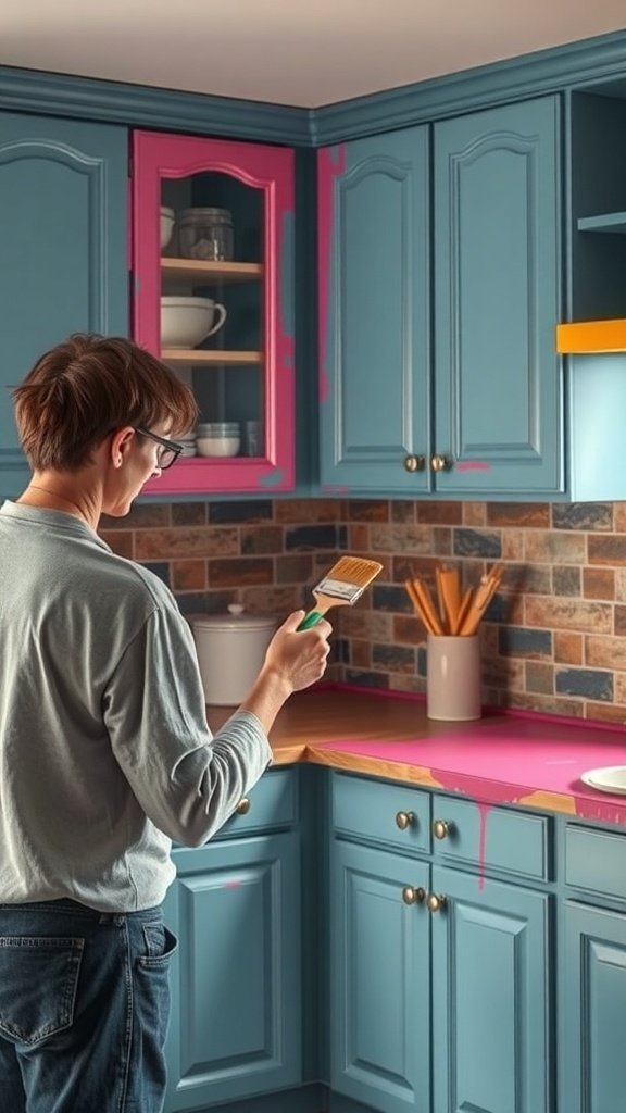 A person painting kitchen cabinets with a brush, featuring blue cabinets and bright pink accents.