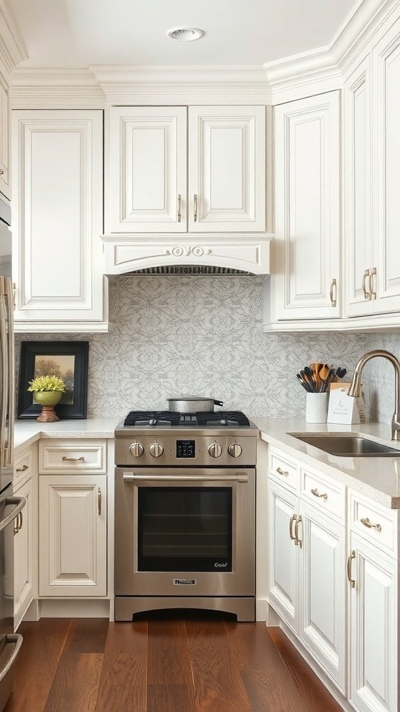 A traditional kitchen featuring white cabinets, stainless steel appliances, and warm wood flooring.