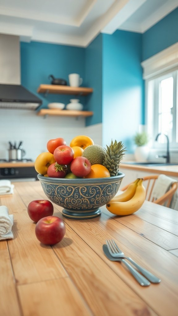 A colorful fruit bowl filled with various fruits like apples, bananas, oranges, and a pineapple, set on a wooden table in a kitchen with blue walls.