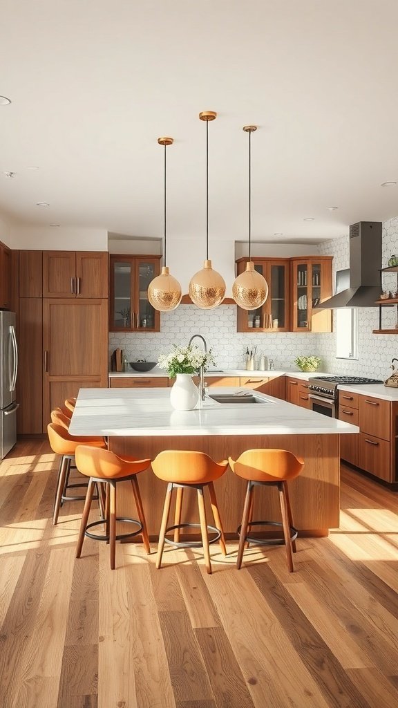 A modern kitchen with a large island, orange stools, and pendant lighting.